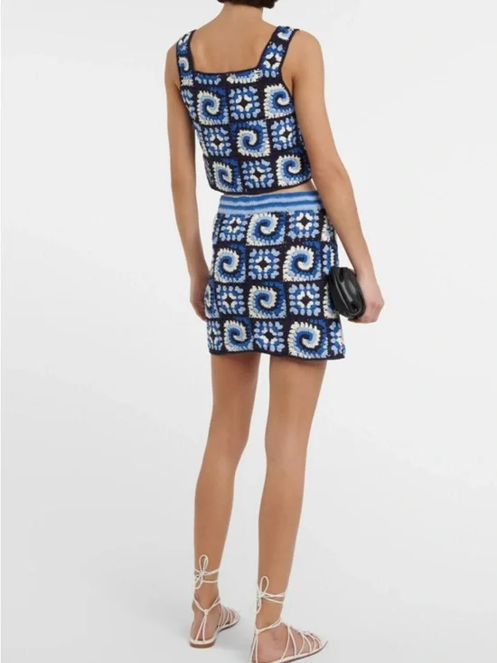 NWT Staud Brazing Cotton Crochet Granny Square Mini Skirt in Acid Cobalt Size XL - Picture 2 of 12